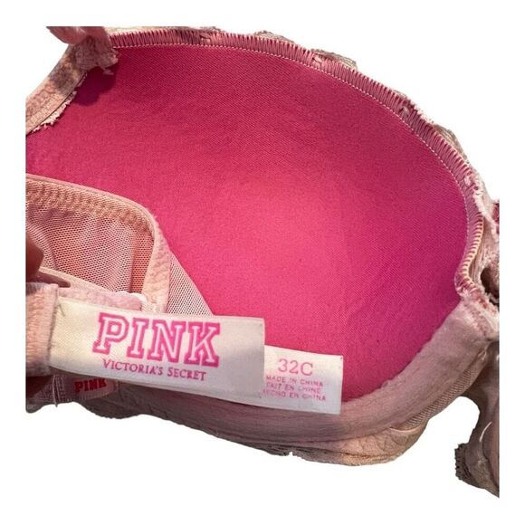 PINK Victoria's Secret Bra Womens Size 32C Floral Lace Push-Up Bra Light Pink - Picture 6 of 9